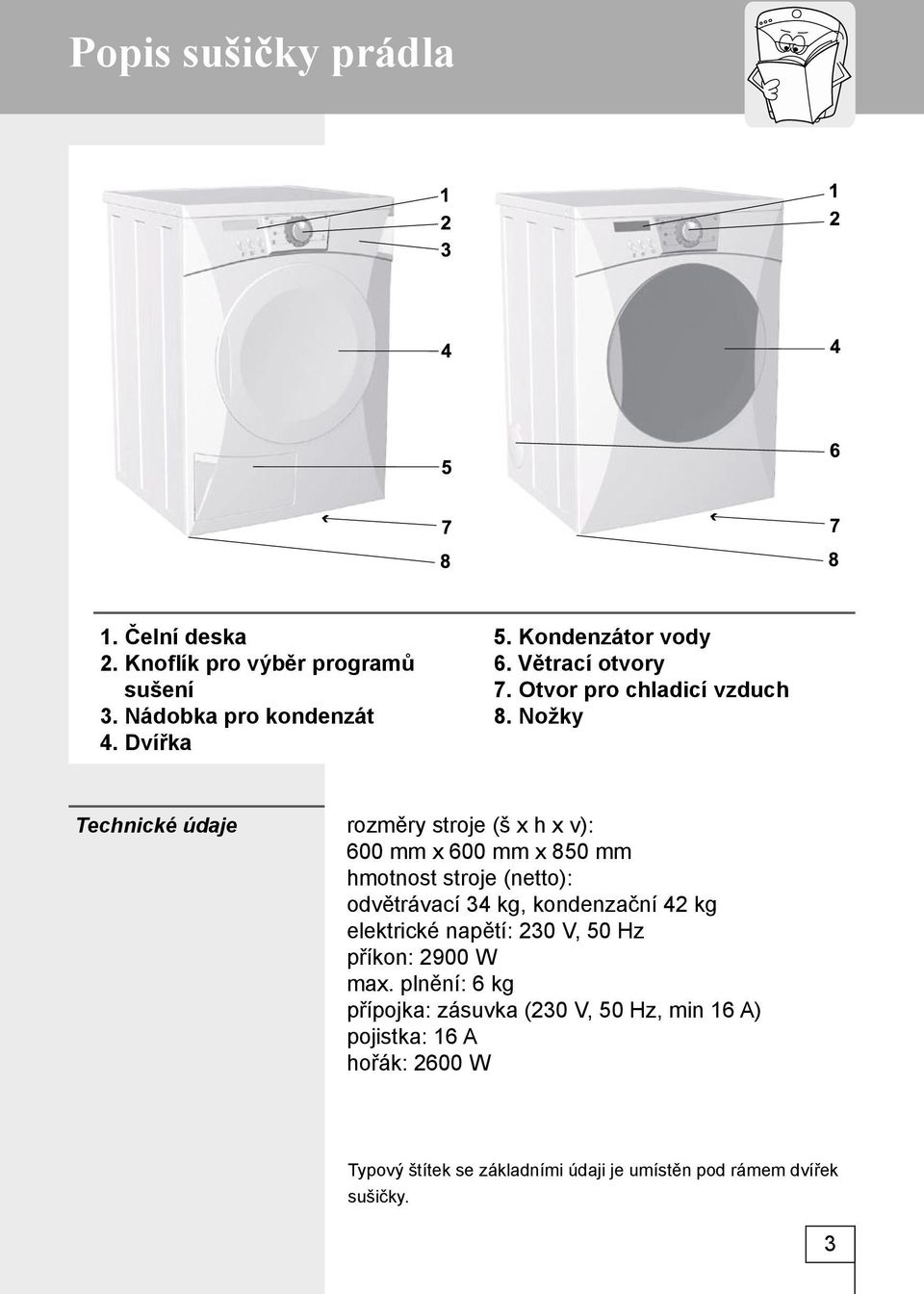 Nožky Technické údaje rozměry stroje (š x h x v): 600 mm x 600 mm x 850 mm hmotnost stroje (netto): odvětrávací 34 kg, kondenzační