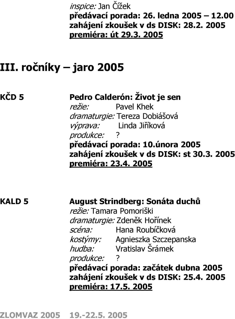 února 2005 zahájení zkoušek v ds DISK: st 30.3. 2005 premiéra: 23.4.