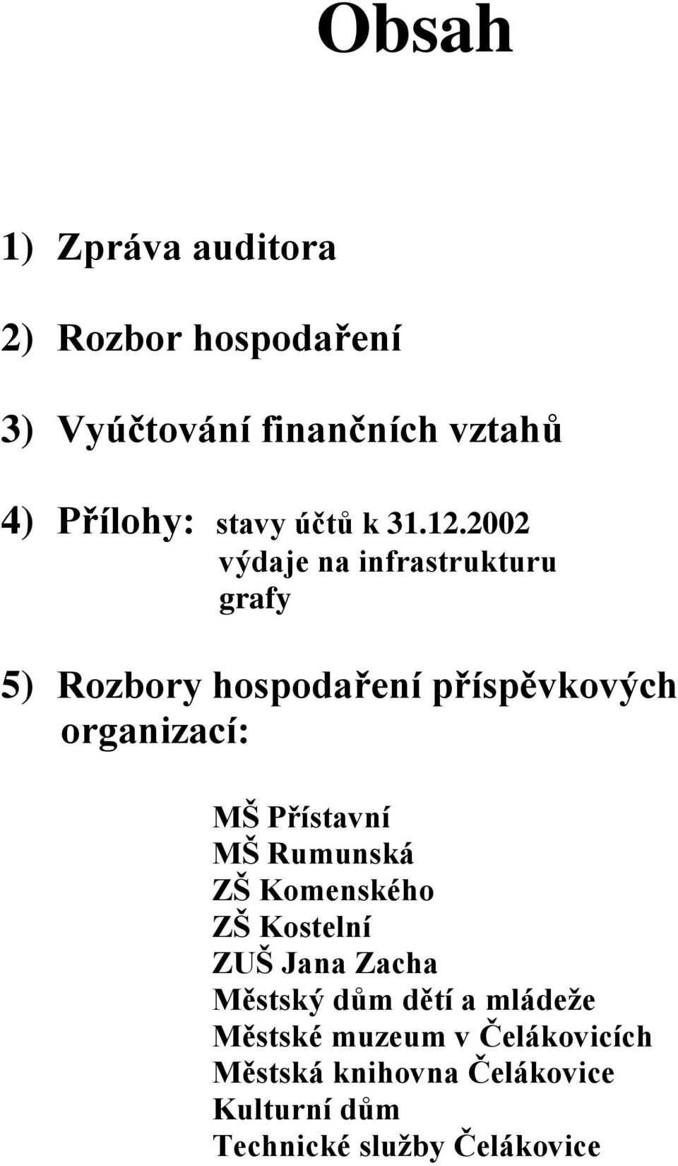 2002 výdaje na infrastrukturu grafy 5) Rozbory hospodaření příspěvkových organizací: MŠ