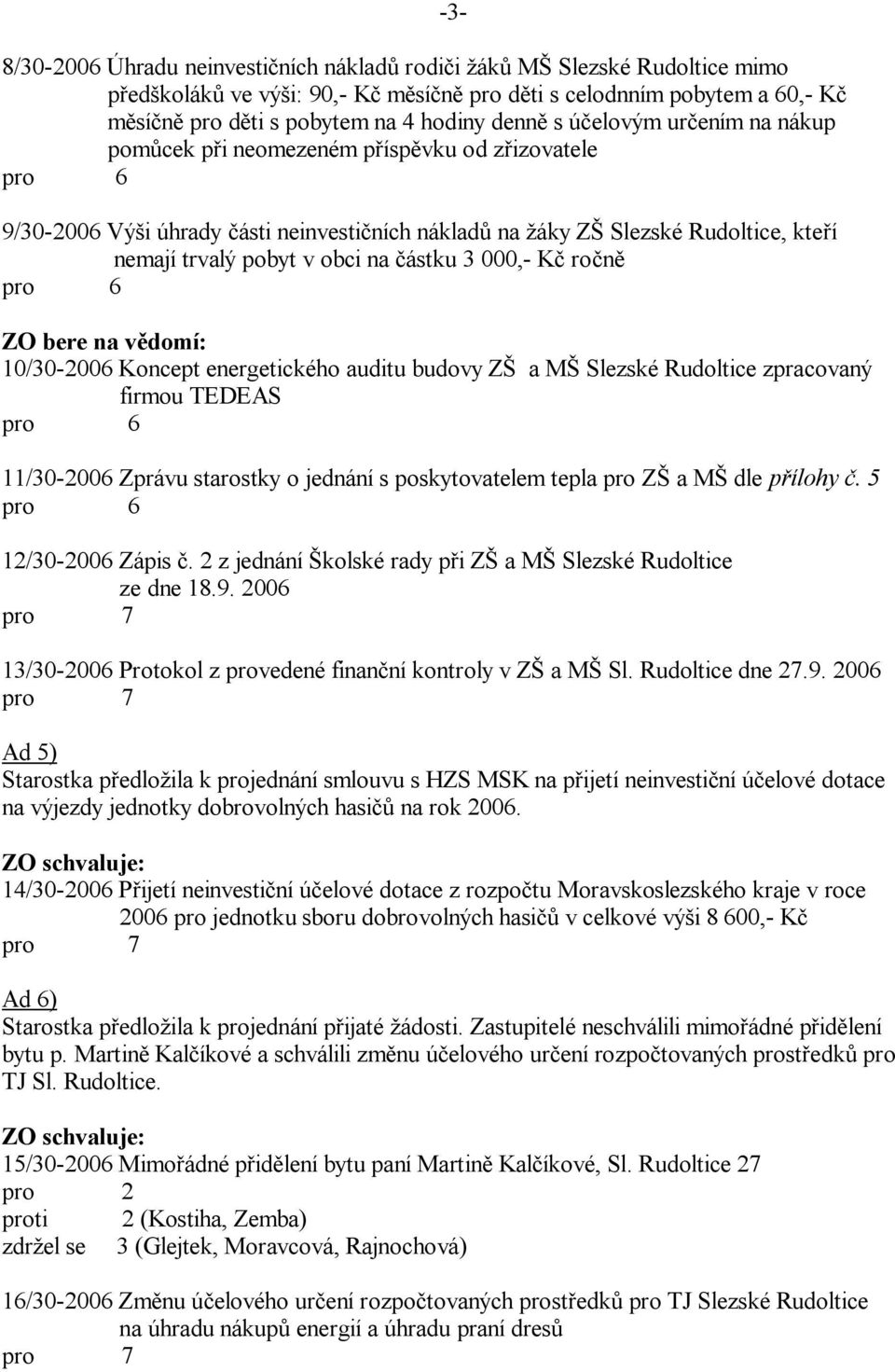 -3-10/30-2006 Koncept energetického auditu budovy Z a M Slezské Rudoltice zpracovaný firmou TEDEAS 11/30-2006 Zprávu starostky o jednání s poskytovatelem tepla pro Z a M dle ílohy. 5 12/30-2006 Zápis.