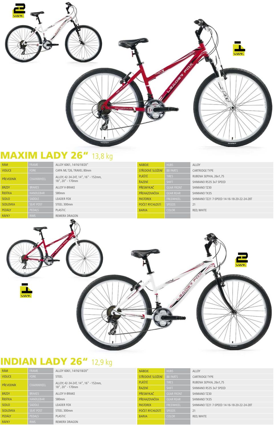 3x7 SPEED PŘESMYKAČ GEAR FRONT SHIMANO TZ30 PŘEHAZOVAČKA GEAR REAR SHIMANO TX35 PASTOREK FREEWHEEL SHIMANO TZ21 7-SPEED 14-16-18-20-22-24-28T POČET RYCHLOSTÍ SPEEDS 21 BARVA COLOR RED, WHITE INDIAN