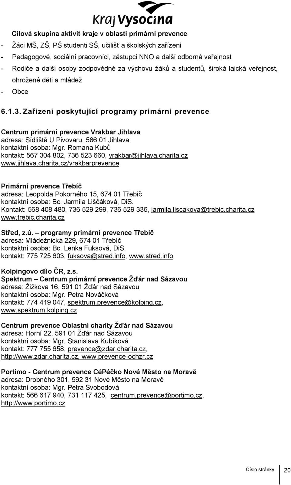 Zařízení poskytující programy primární prevence Centrum primární prevence Vrakbar Jihlava adresa: Sídliště U Pivovaru, 586 01 Jihlava kontaktní osoba: Mgr.