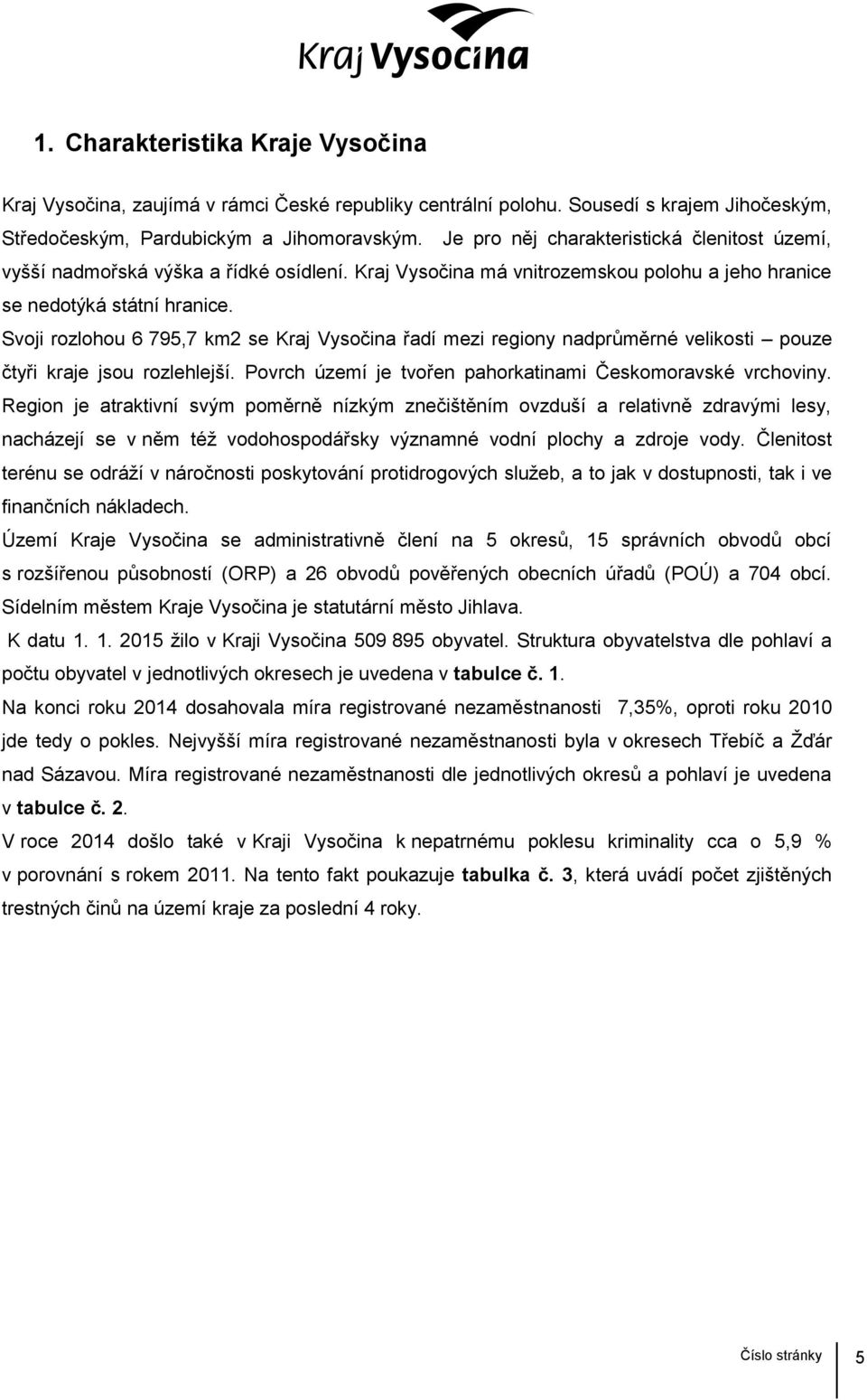 Svoji rozlohou 6 795,7 km2 se Kraj Vysočina řadí mezi regiony nadprůměrné velikosti pouze čtyři kraje jsou rozlehlejší. Povrch území je tvořen pahorkatinami Českomoravské vrchoviny.