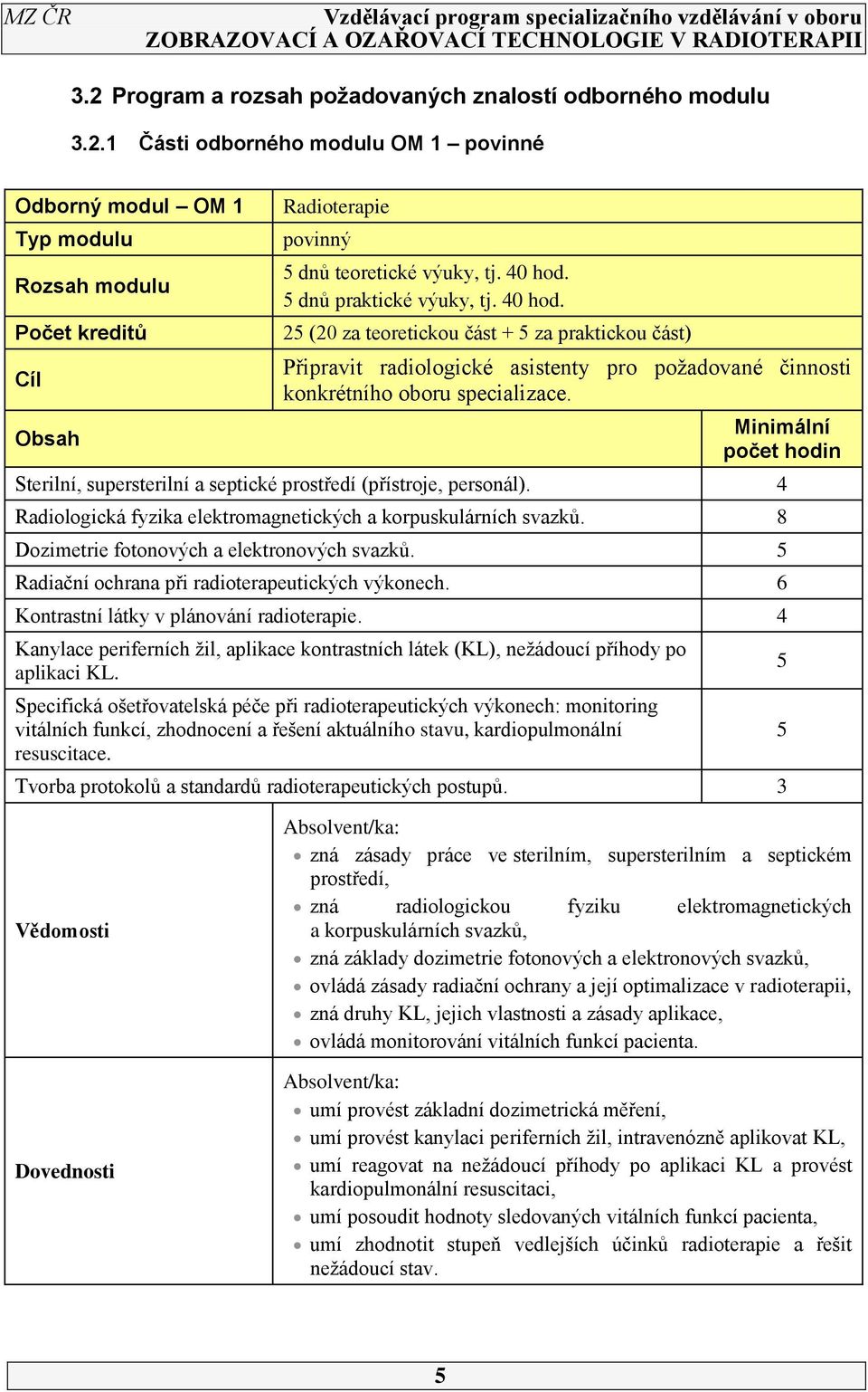 Minimální počet hodin Sterilní, supersterilní a septické prostředí (přístroje, personál). 4 Radiologická fyzika elektromagnetických a korpuskulárních svazků.