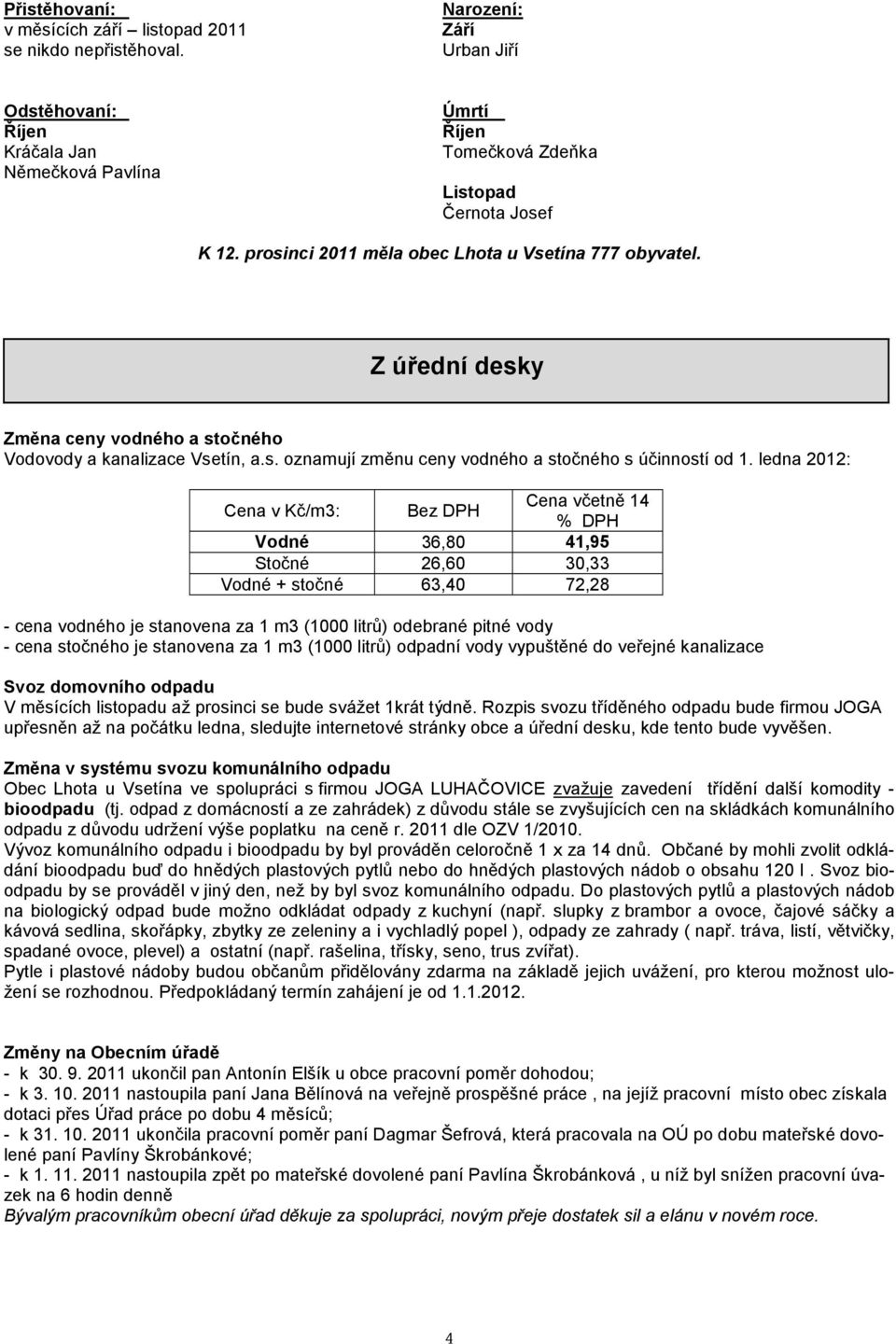 ledna 2012: Cena v Kč/m3: Bez DPH Cena včetně 14 % DPH Vodné 36,80 41,95 Stočné 26,60 30,33 Vodné + stočné 63,40 72,28 - cena vodného je stanovena za 1 m3 (1000 litrů) odebrané pitné vody - cena