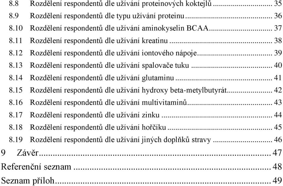 14 Rozdělení respondentů dle užívání glutaminu... 41 8.15 Rozdělení respondentů dle užívání hydroxy beta-metylbutyrát... 42 8.16 Rozdělení respondentů dle užívání multivitaminů... 43 8.