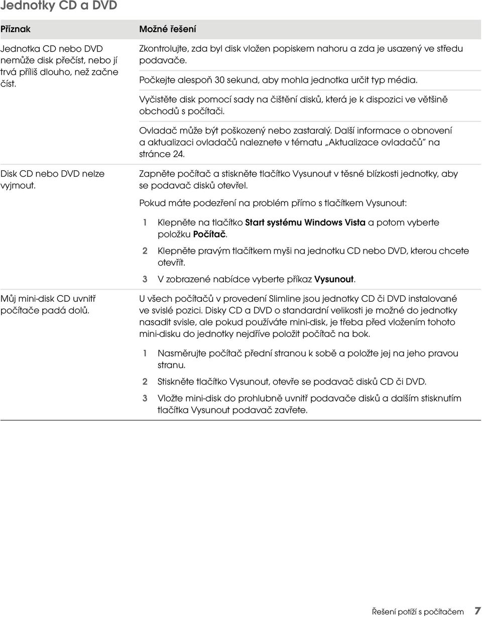 Ovladač může být poškozený nebo zastaralý. Další informace o obnovení a aktualizaci ovladačů naleznete v tématu Aktualizace ovladačů na stránce 24. Disk CD nebo DVD nelze vyjmout.