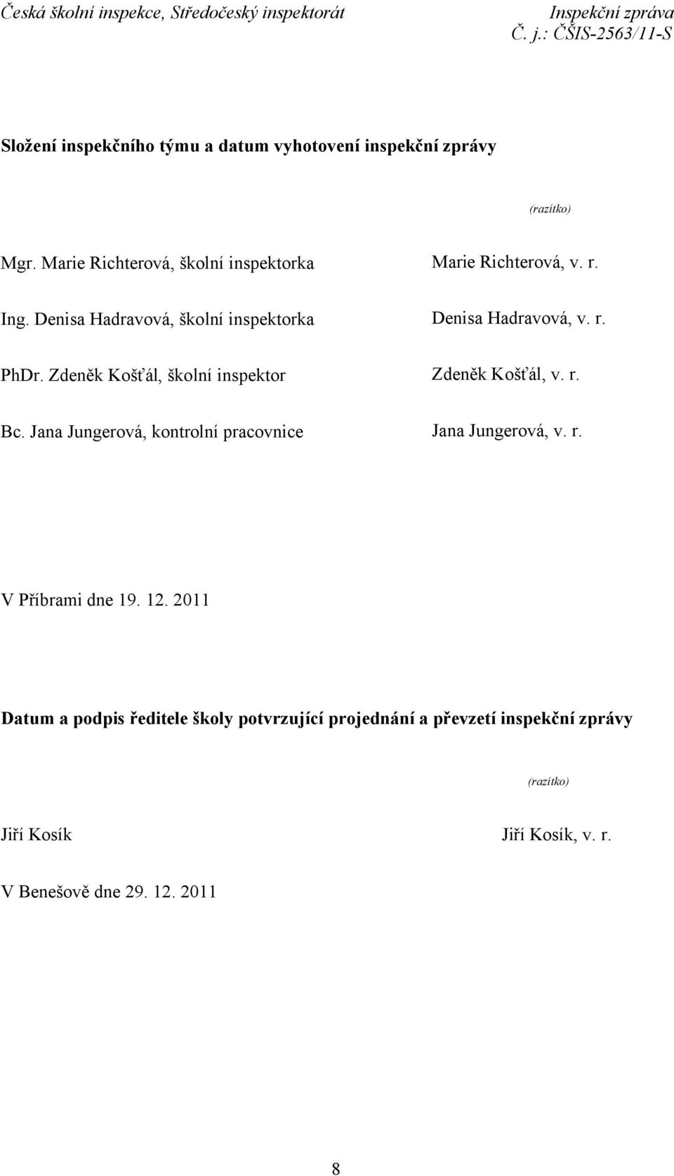 Zdeněk Košťál, školní inspektor Zdeněk Košťál, v. r. Bc. Jana Jungerová, kontrolní pracovnice Jana Jungerová, v. r. V Příbrami dne 19.