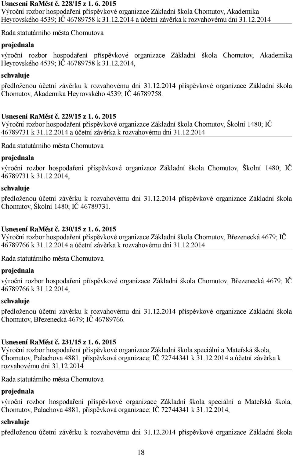 12.2014 příspěvkové organizace Základní škola Chomutov, Akademika Heyrovského 4539; IČ 46789758. Usnesení RaMěst č. 229/15 z 1. 6.