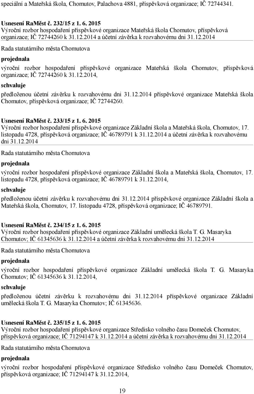 2014 a účetní závěrka k rozvahovému dni 31.12.2014 výroční rozbor hospodaření příspěvkové organizace Mateřská škola Chomutov, příspěvková organizace; IČ 72744260 k 31.12.2014, předloženou účetní závěrku k rozvahovému dni 31.