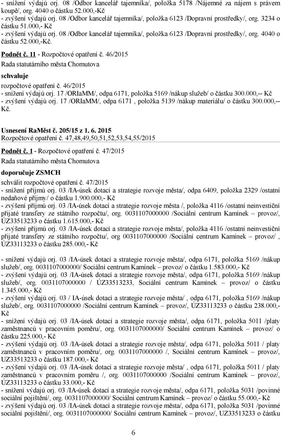 4040 o částku 52.000,-Kč. Podnět č. 11 - Rozpočtové opatření č. 46/2015 rozpočtové opatření č. 46/2015 - snížení výdajů orj. 17 /ORIaMM/, odpa 6171, položka 5169 /nákup služeb/ o částku 300.