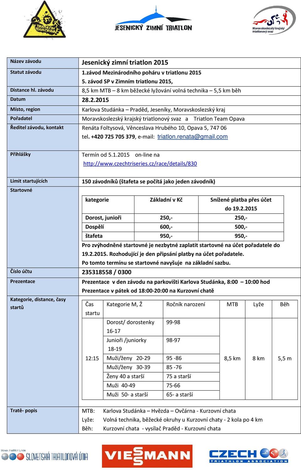.2.2015 Místo, region Karlova Studánka Praděd, Jeseníky, Moravskoslezský kraj Pořadatel Moravskoslezský krajský triatlonový svaz a Triatlon Team Opava Ředitel závodu, kontakt Renáta Foltysová,