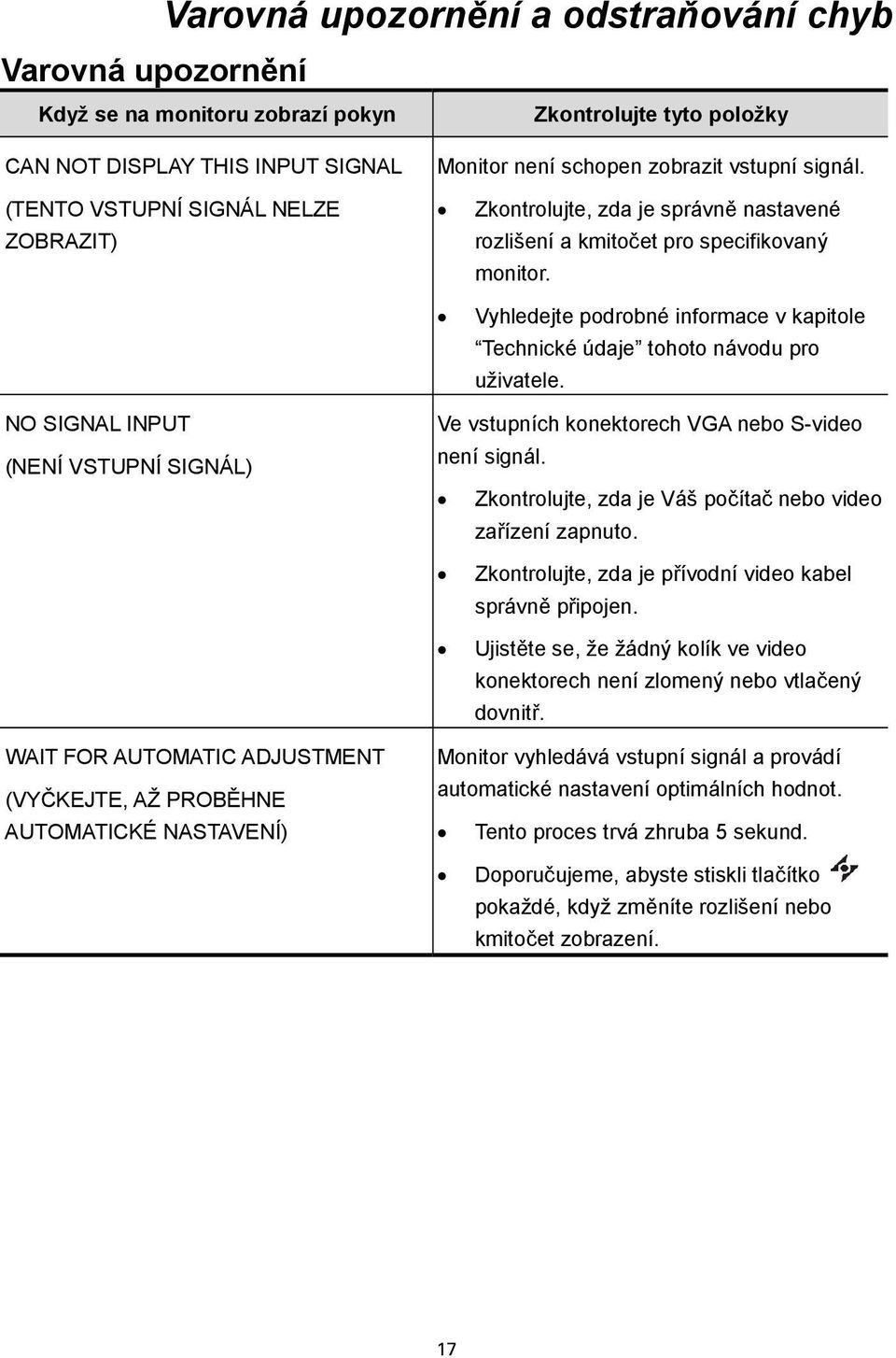 Vyhledejte podrobné informace v kapitole Technické údaje tohoto návodu pro uživatele. NO SIGNAL INPUT (NENÍ VSTUPNÍ SIGNÁL) Ve vstupních konektorech VGA nebo S-video není signál.