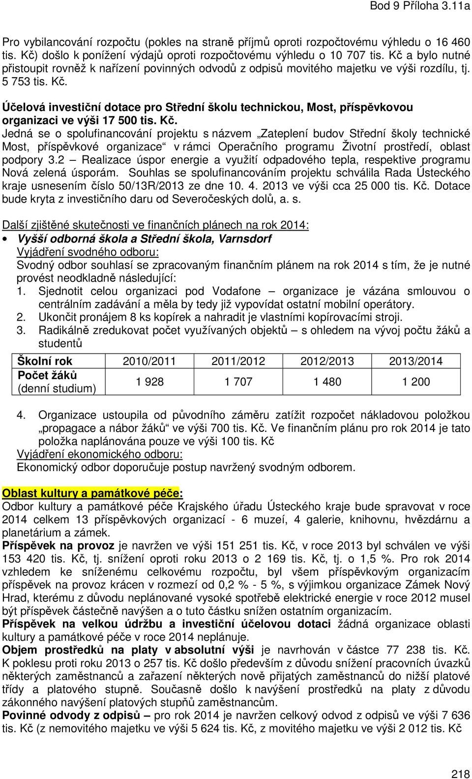 Účelová investiční dotace pro Střední školu technickou, Most, příspěvkovou organizaci ve výši 17 500 tis. Kč.