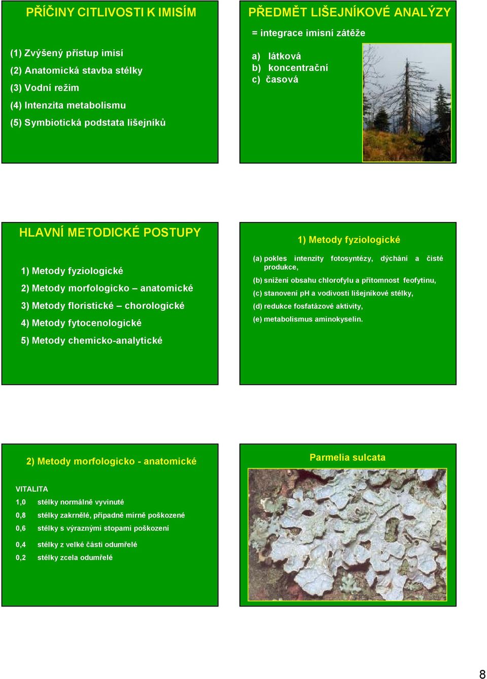 5) Metody chemicko-analytické 1) Metody fyziologické (a) pokles intenzity fotosyntézy, dýchání a čisté produkce, (b)snížení obsahu chlorofylu a přítomnost feofytinu, (c) stanovení ph a vodivosti