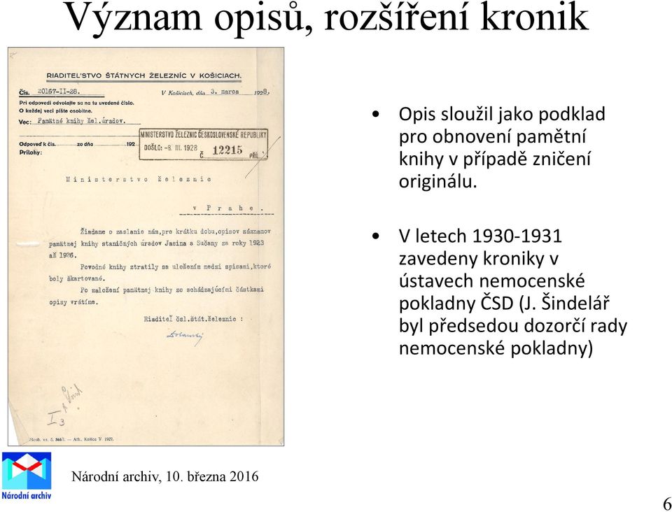 V letech 1930 1931 zavedeny kroniky v ústavech nemocenské