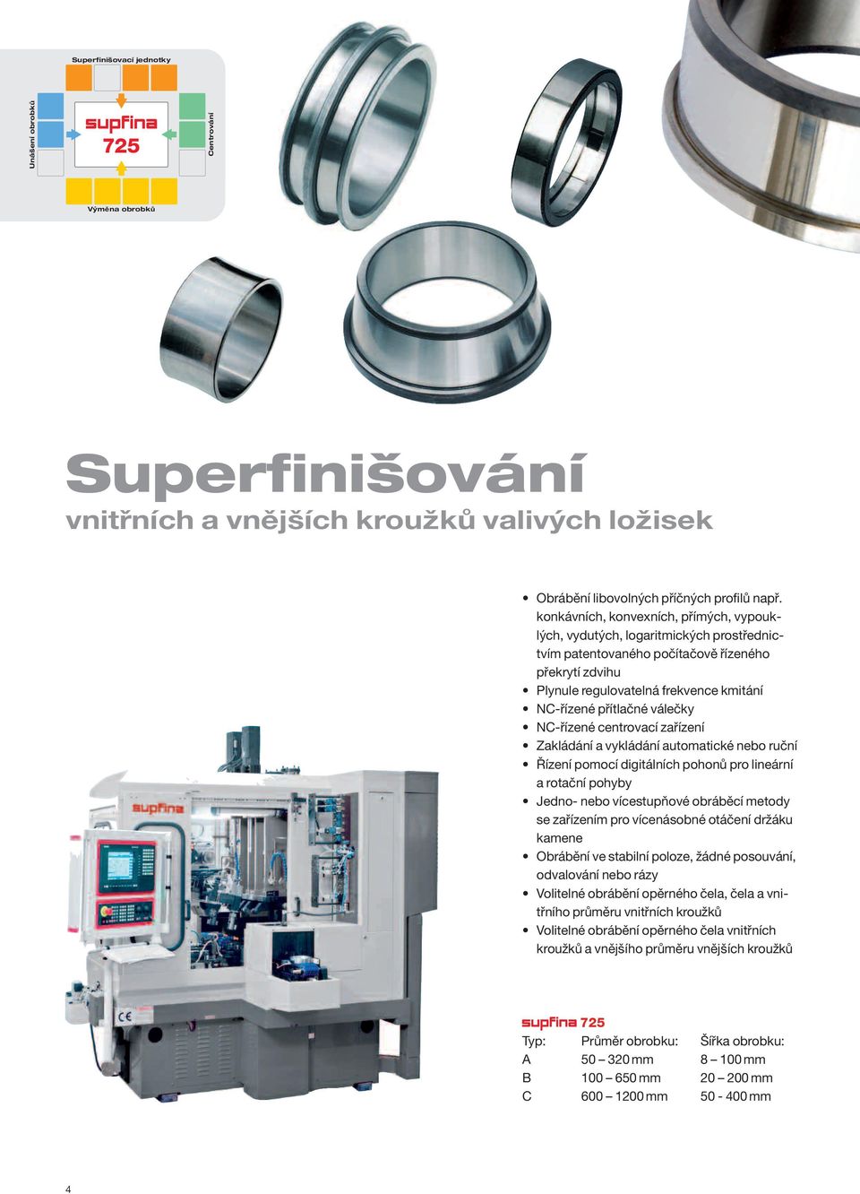 válečky NC-řízené centrovací zařízení Zakládání a vykládání automatické nebo ruční Řízení pomocí digitálních pohonů pro lineární a rotační pohyby Jedno- nebo vícestupňové obráběcí metody se zařízením