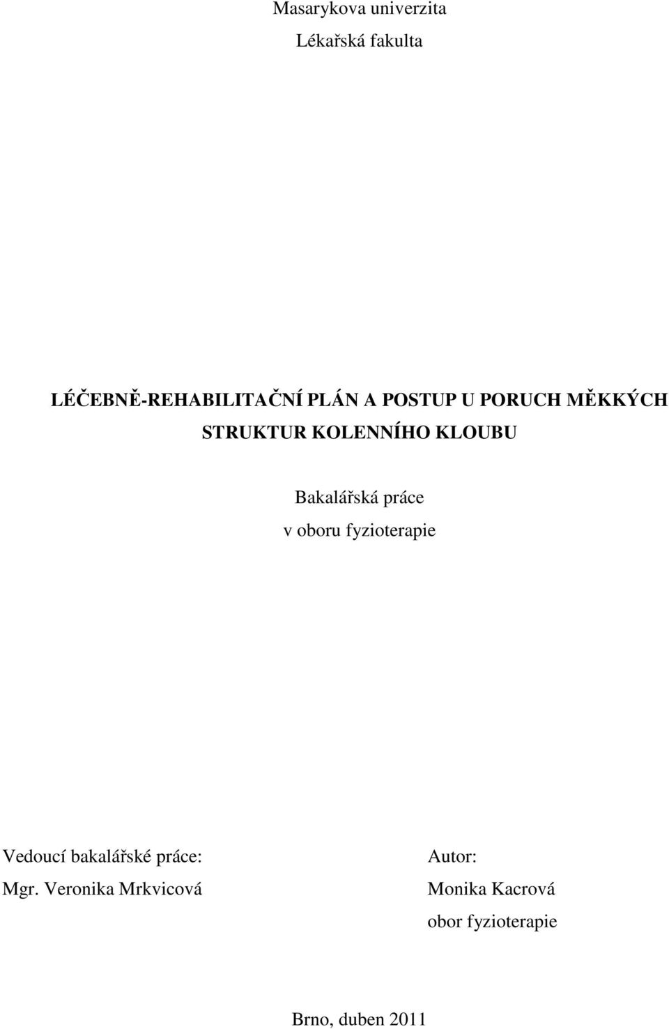 práce v oboru fyzioterapie Vedoucí bakalářské práce: Mgr.