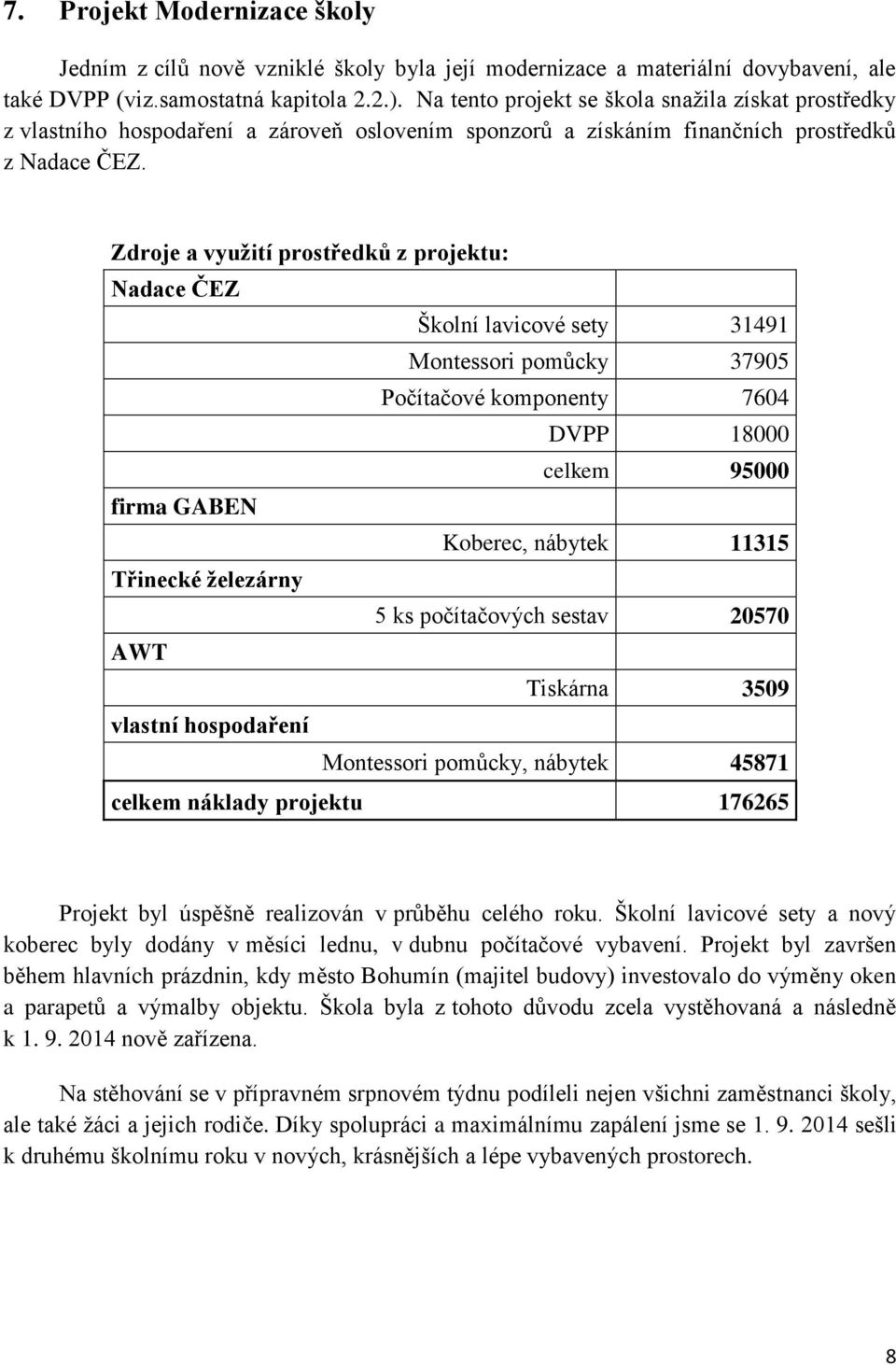 Zdroje a využití prostředků z projektu: Nadace ČEZ Školní lavicové sety 31491 Montessori pomůcky 37905 Počítačové komponenty 7604 DVPP 18000 celkem 95000 firma GABEN Koberec, nábytek 11315 Třinecké