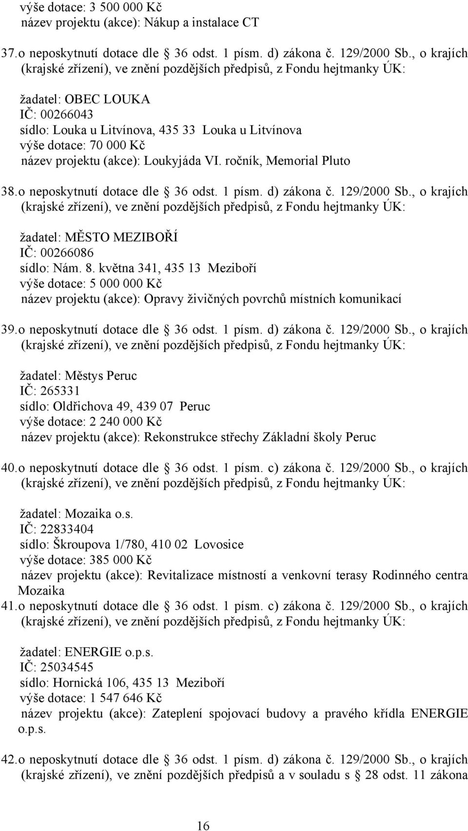 projektu (akce): Loukyjáda VI. ročník, Memorial Pluto 38. o neposkytnutí dotace dle 36 odst. 1 písm. d) zákona č. 129/2000 Sb.