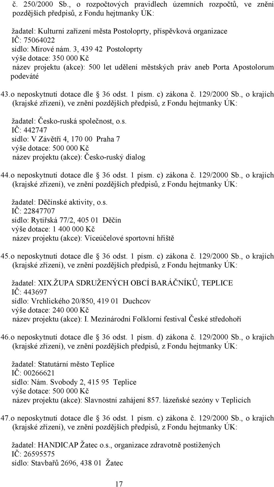 3, 439 42 Postoloprty výše dotace: 350 000 Kč název projektu (akce): 500 let udělení městských práv aneb Porta Apostolorum podeváté 43. o neposkytnutí dotace dle 36 odst. 1 písm. c) zákona č.