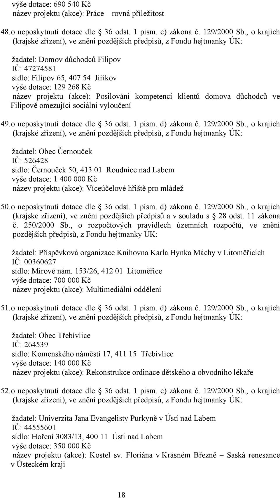 projektu (akce): Posilování kompetencí klientů domova důchodců ve Filipově omezující sociální vyloučení 49. o neposkytnutí dotace dle 36 odst. 1 písm. d) zákona č. 129/2000 Sb.