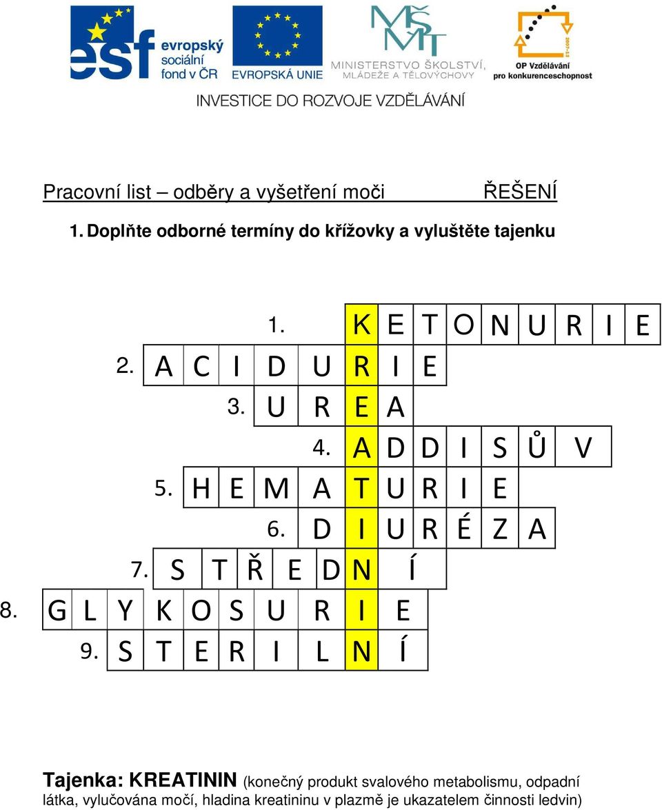U R E A 4. A D D I S Ů V 5. H E M A T U R I E 6. D I U R É Z A 7. S T Ř E D N Í 8. G L Y K O S U R I E 9.
