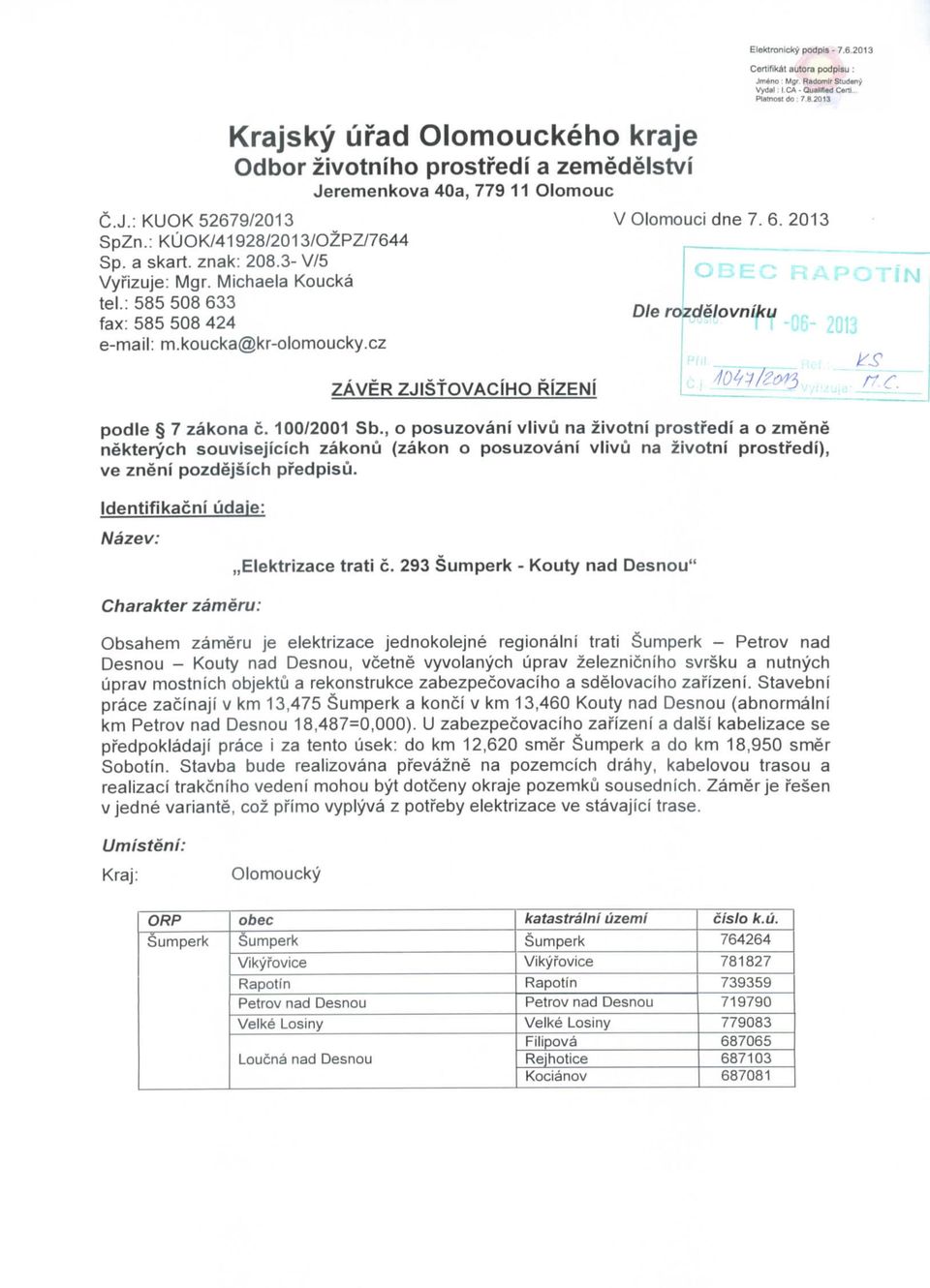 a skart. znak: 208.3- V/5 Vyfizuje: Mgr. Michaela Koucka tel.: 585 508 633 fax: 585 508 424 e-mail: m.koucka@kr-olomoucky.cz V Olomouci dne 7. 6. 2013 Die rozdelovniku ZAVER ZJIStOVACIHQ RIZENI podle 7 zakona c.