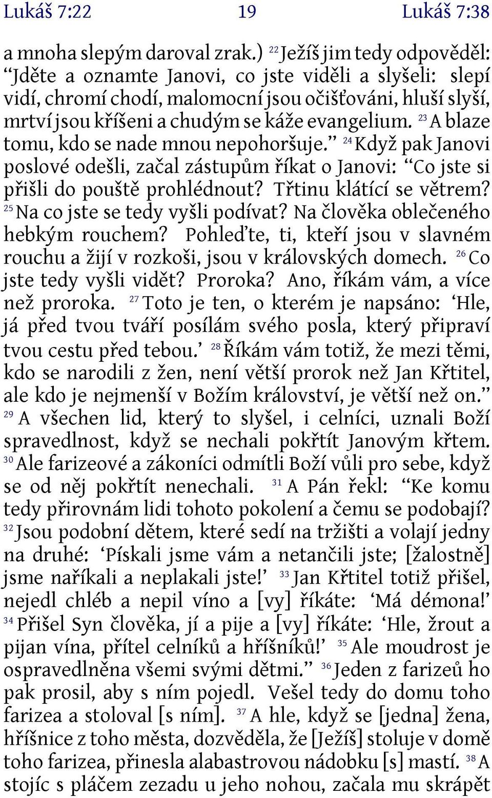 23 A blaze tomu, kdo se nade mnou nepohoršuje. 24 Když pak Janovi poslové odešli, začal zástupům říkat o Janovi: Co jste si přišli do pouště prohlédnout? Třtinu klátící se větrem?