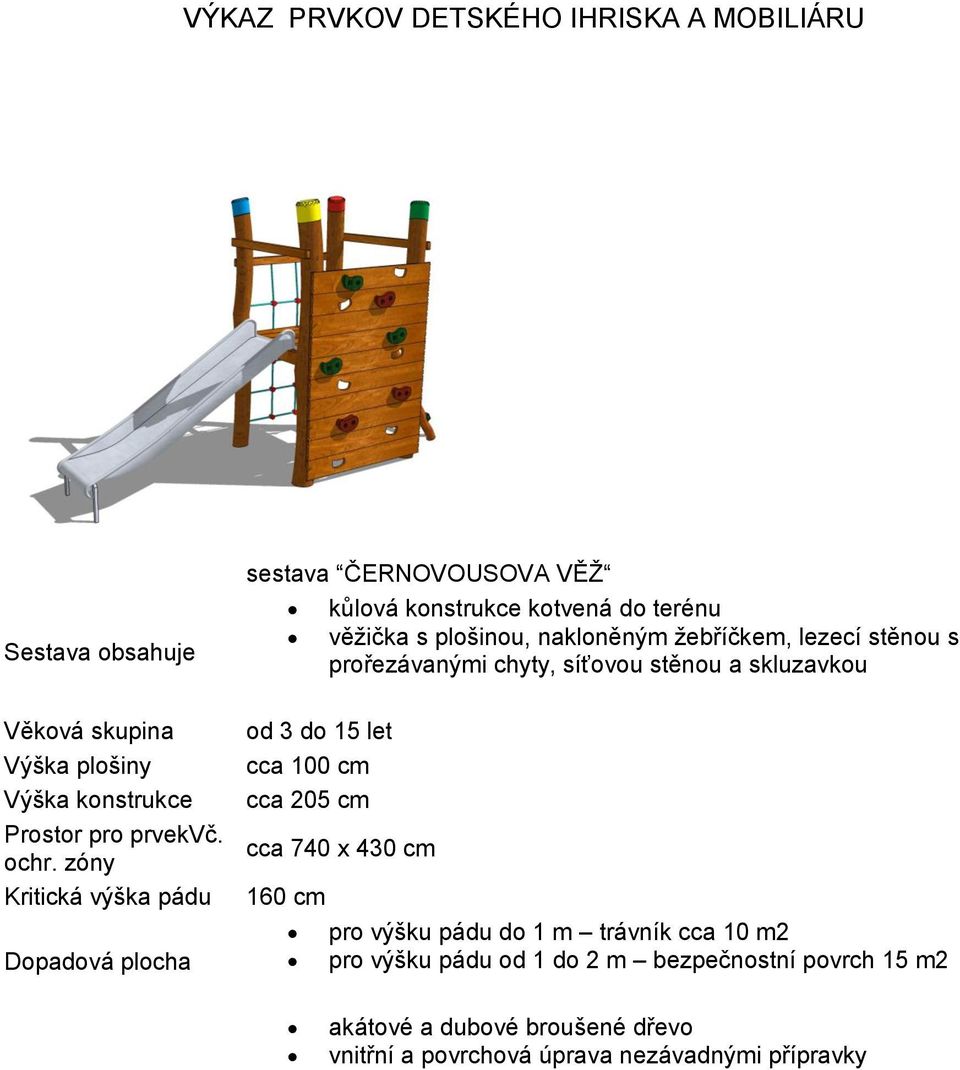žebříčkem, lezecí stěnou s prořezávanými chyty, síťovou stěnou a skluzavkou od 3 do 15 let cca 100 cm cca 205 cm cca 740 x 430 cm 160