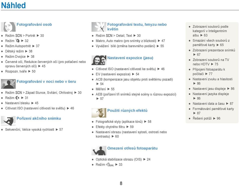 Sekvenční, Velice vysoká rychlostt 57 Fotografování textu, hmyzu nebo květin Režim s > Detail, Text 30 Makro, Auto makro (pro snímky z blízkosti) 47 Vyvážení bílé (změna barevného podání) 55