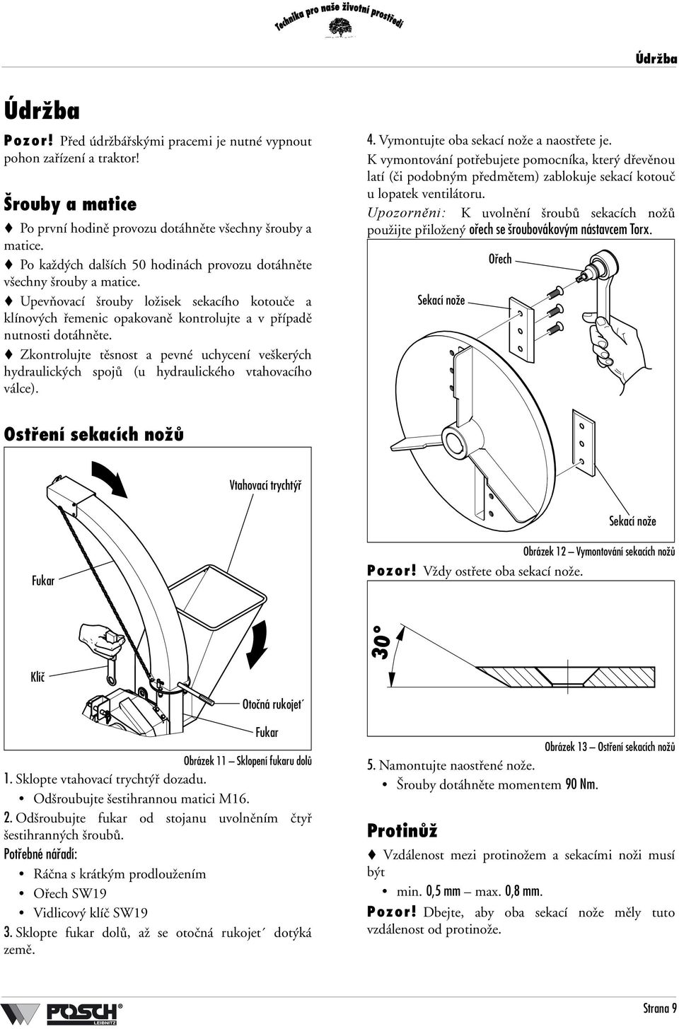 Zkontrolujte těsnost a pevné uchycení veškerých hydraulických spojů (u hydraulického vtahovacího válce). 4. Vymontujte oba sekací nože a naostřete je.