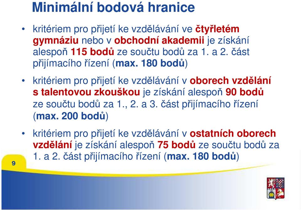 180 bodů) kritériem pro přijetí ke vzdělávání v oborech vzdělání s talentovou zkouškou je získání alespoň 90 bodů ze součtu bodů za 1.