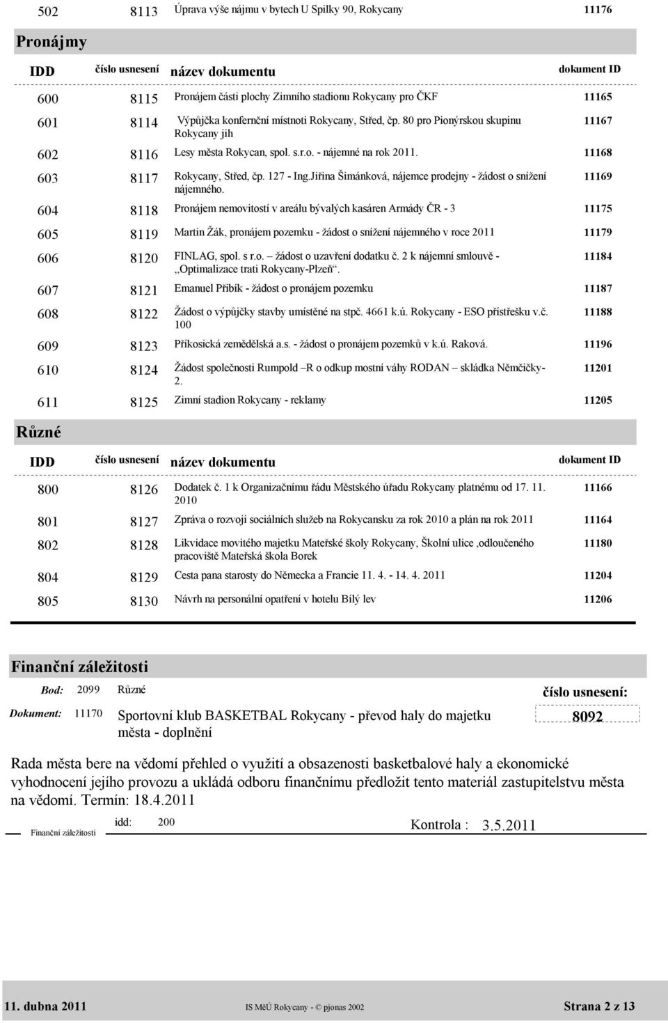 80 pro Pionýrskou skupinu Rokycany jih 11167 Lesy města Rokycan, spol. s.r.o. - nájemné na rok 2011. 11168 Rokycany, Střed, čp. 127 - Ing.