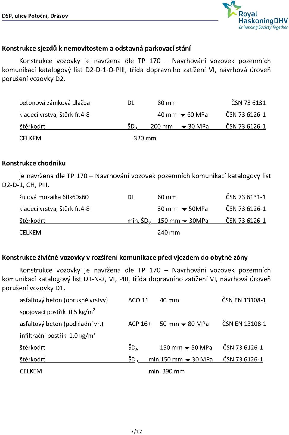 4-8 40 mm 60 MPa ČSN 73 6126-1 štěrkodrť ŠD B 200 mm 30 MPa ČSN 73 6126-1 CELKEM 320 mm Konstrukce chodníku je navržena dle TP 170 Navrhování vozovek pozemních komunikací katalogový list D2-D-1, CH,