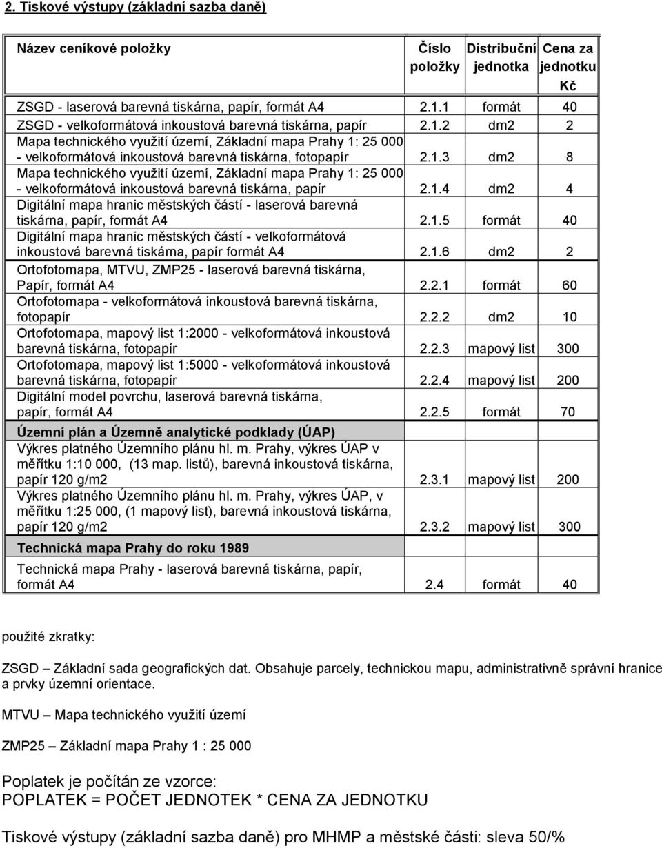 1.3 dm2 8 Mapa technického využití území, Základní mapa Prahy 1: 25 000 - velkoformátová inkoustová barevná tiskárna, papír 2.1.4 dm2 4 Digitální mapa hranic městských částí - laserová barevná tiskárna, papír, formát A4 2.