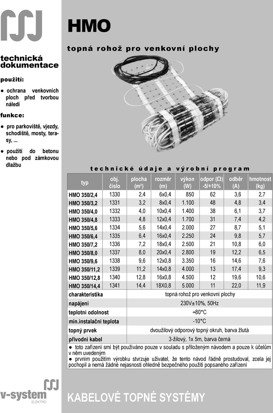 číslo plocha (m²) rozměr (m) výkon (W) odpor (Ω) -5/+10% odběr (A) hmotnost (kg) HMO 350/2,4 1330 2,4 6x0,4 850 62 3,6 2,7 HMO 350/3,2 1331 3,2 8x0,4 1.100 48 4,8 3,4 HMO 350/4,0 1332 4,0 10x0,4 1.