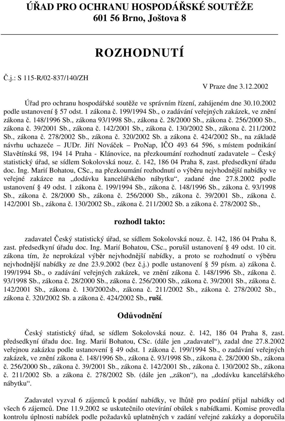 , zákona č. 142/2001 Sb., zákona č. 130/2002 Sb., zákona č. 211/2002 Sb., zákona č. 278/2002 Sb., zákona č. 320/2002 Sb. a zákona č. 424/2002 Sb., na základě návrhu uchazeče JUDr.