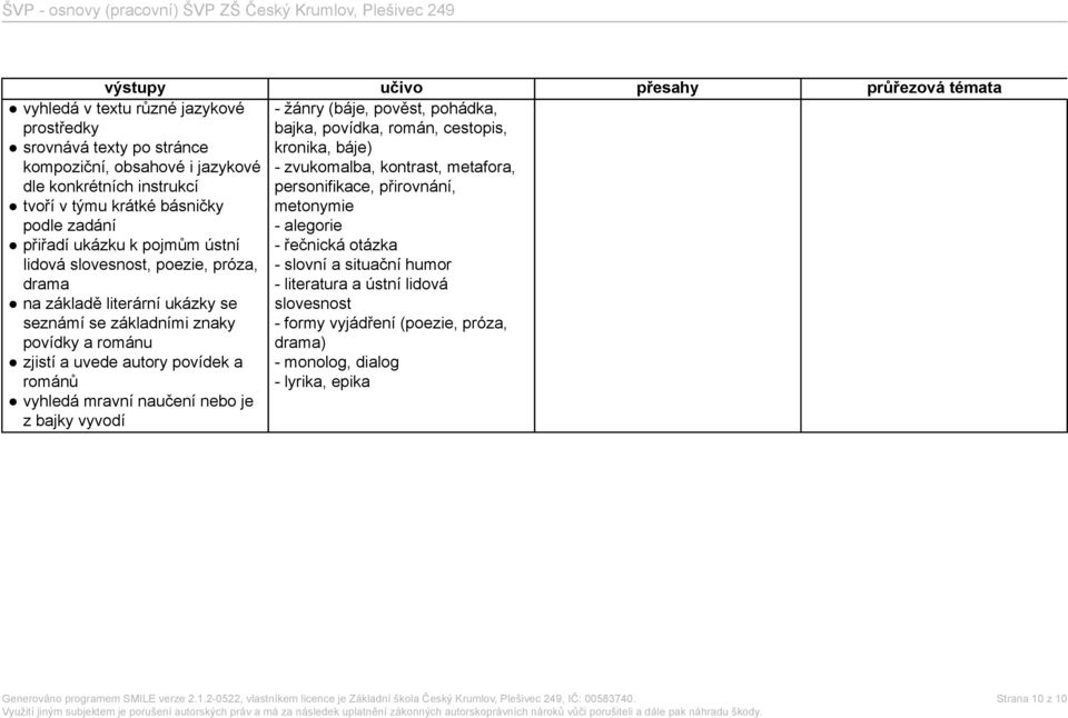 mravní naučení nebo je z bajky vyvodí - žánry (báje, pověst, pohádka, bajka, povídka, román, cestopis, kronika, báje) - zvukomalba, kontrast, metafora, personifikace, přirovnání,