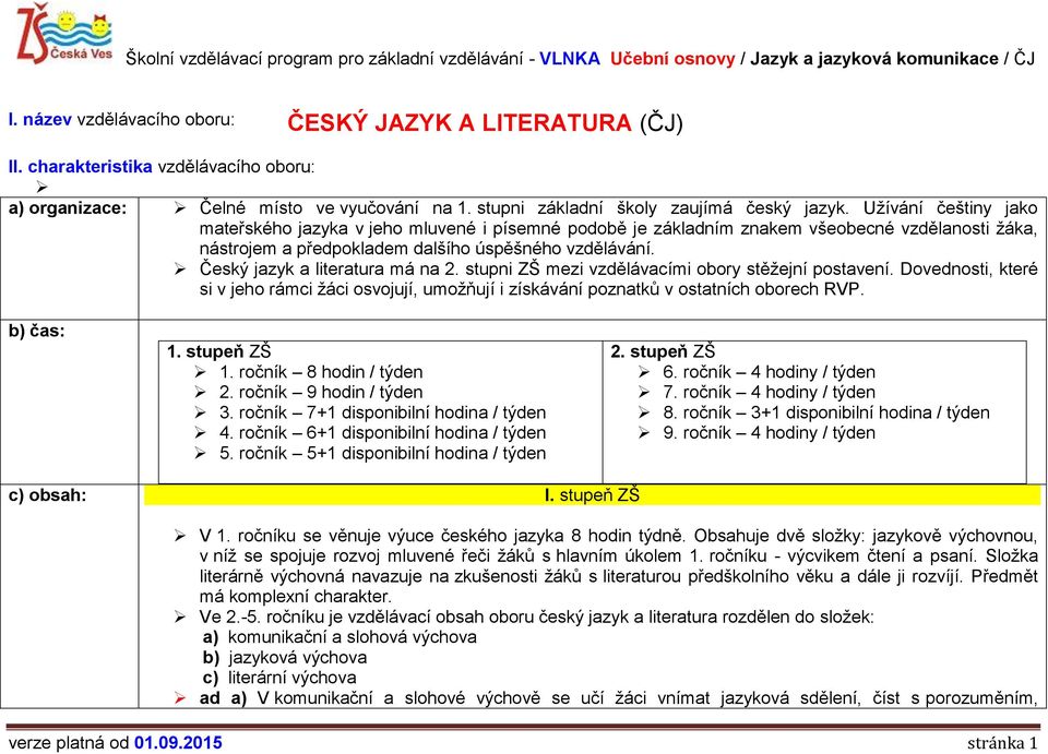 Český jazyk a literatura má na 2. stupni ZŠ mezi vzdělávacími obory stěžejní postavení. Dovednosti, které si v jeho rámci žáci osvojují, umožňují i získávání poznatků v ostatních oborech RVP.