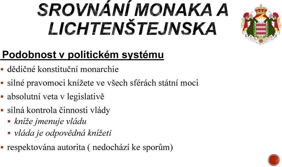 veta v legislativě silná kontrola činnosti vlády kníže jmenuje