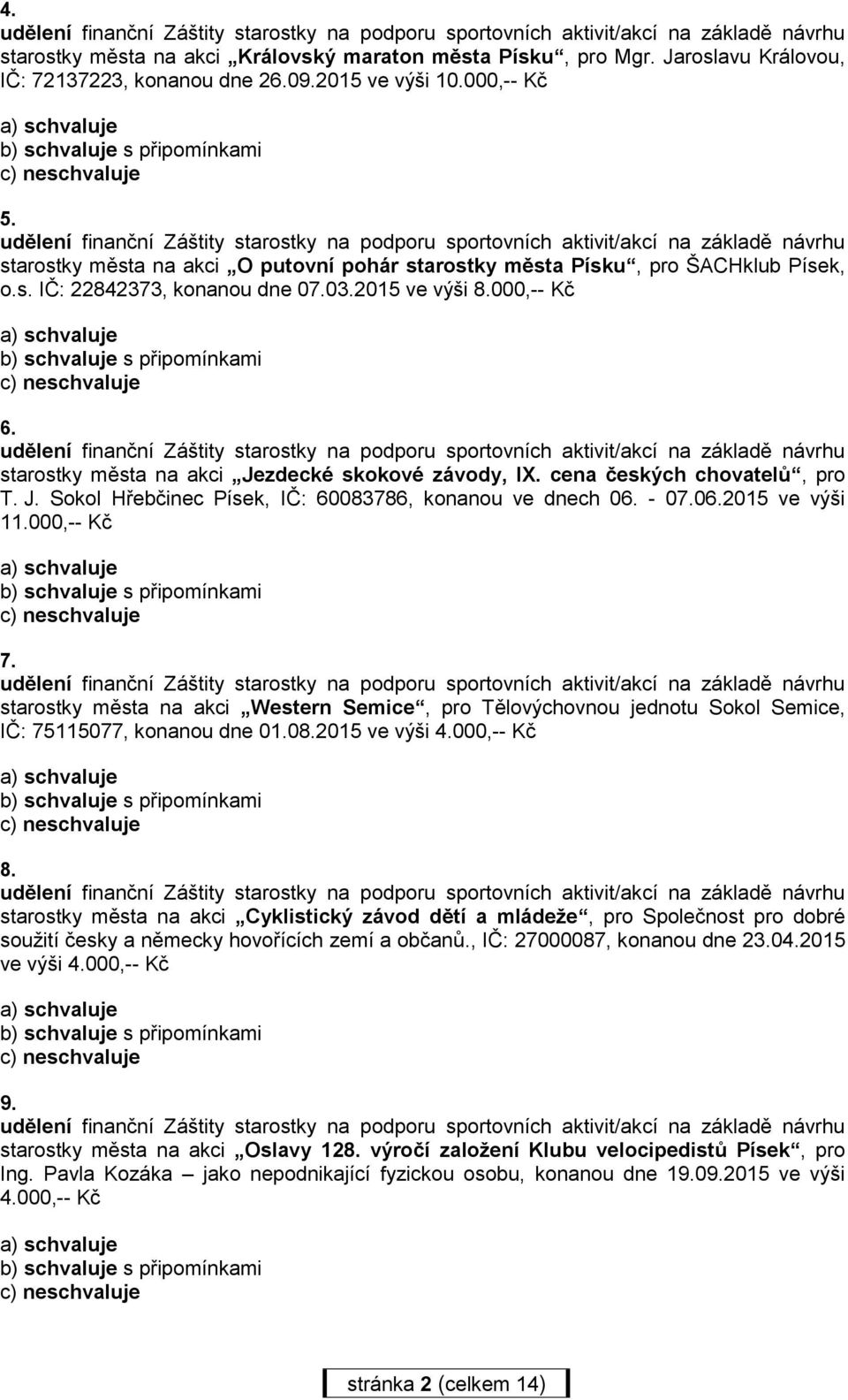 cena českých chovatelů, pro T. J. Sokol Hřebčinec Písek, IČ: 60083786, konanou ve dnech 06. - 07.06.2015 ve výši 11.000,-- Kč 7.