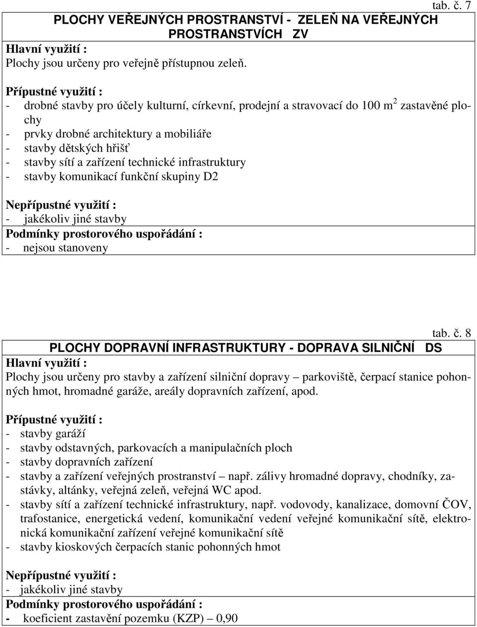 infrastruktury - stavby komunikací funkční skupiny D2 tab. č.