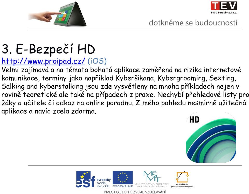 například Kyberšikana, Kybergrooming, Sexting, Salking and kyberstalking jsou zde vysvětleny na mnoha příkladech