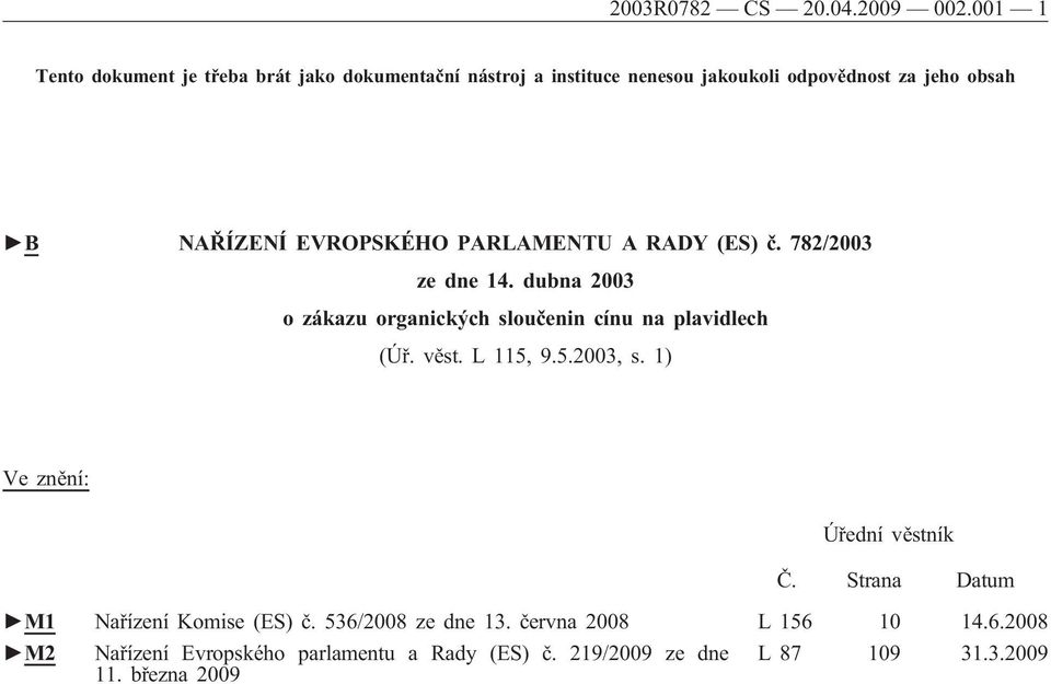 EVROPSKÉHO PARLAMENTU A RADY (ES) č. 782/2003 ze dne 14. dubna 2003 o zákazu organických sloučenin cínu na plavidlech (Úř. věst.