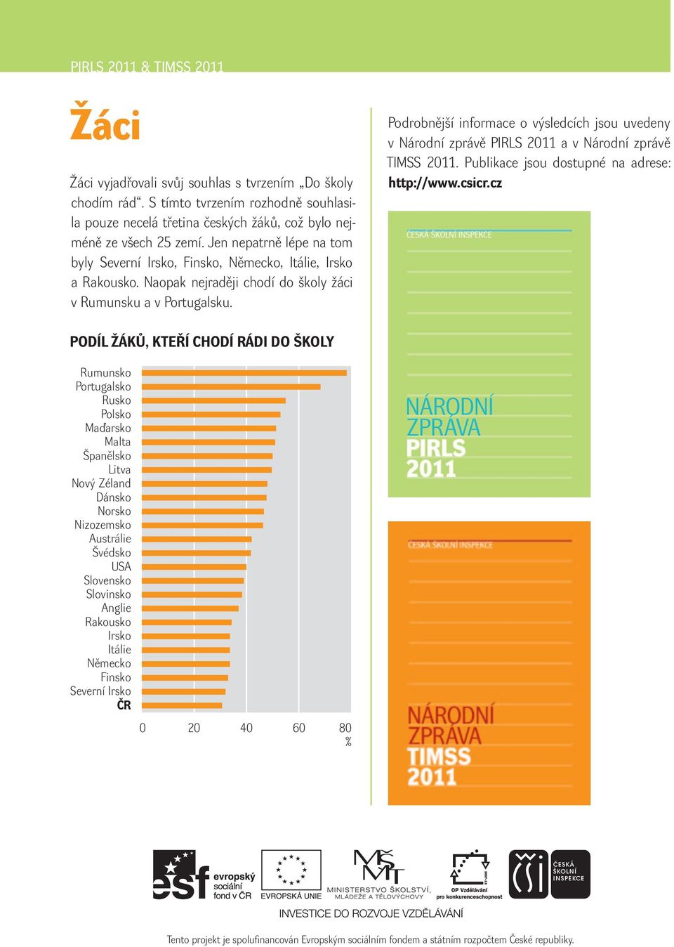 Podrobnější informace o výsledcích jsou uvedeny v Národní zprávě PIRLS 2011 a v Národní zprávě TIMSS 2011. Publikace jsou dostupné na adrese: http://www.csicr.