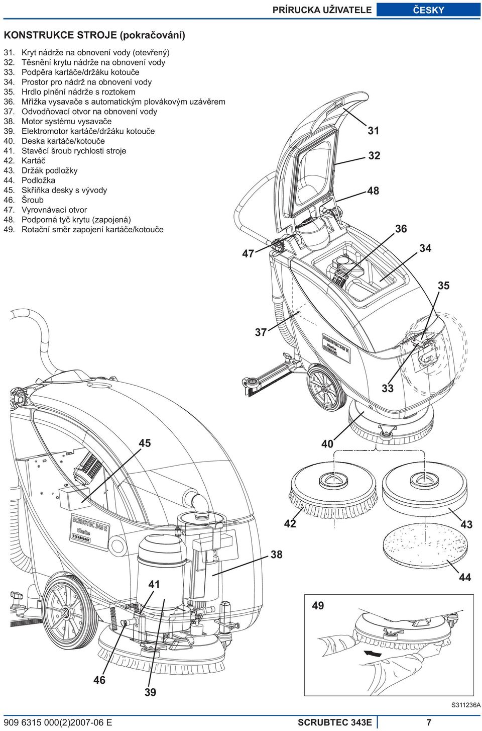 e s automatickým plovákovým uzáv rem Odvod ovací otvor na obnovení vody Motor systému vysava e Elektromotor kartá e/držáku kotou e Deska kartá e/kotou e Stav cí šroub rychlosti stroje