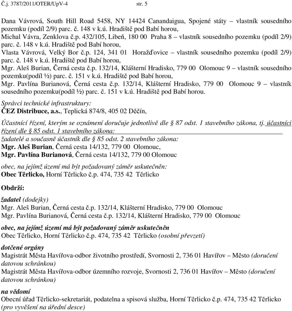 č. 148 v k.ú. Hradiště pod Babí horou, Mgr. Aleš Burian, Černá cesta č.p. 132/14, Klášterní Hradisko, 779 00 Olomouc 9 vlastník sousedního pozemku(podíl ½) parc. č. 151 v k.ú. Hradiště pod Babí horou, Mgr. Pavlína Burianová, Černá cesta č.