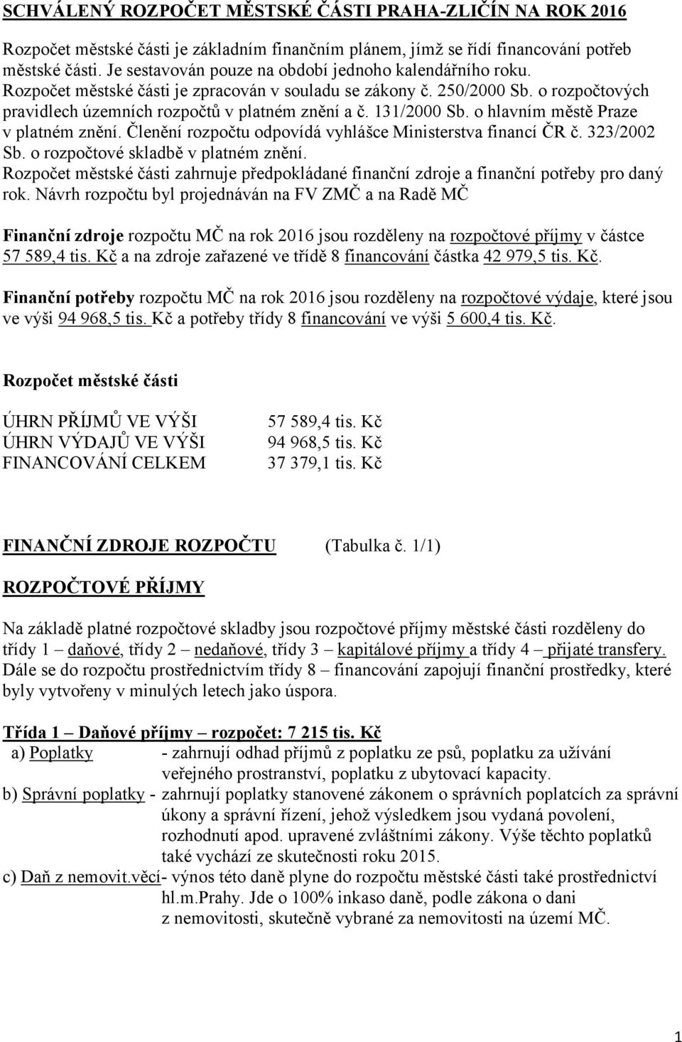 131/2000 Sb. o hlavním městě Praze v platném znění. Členění rozpočtu odpovídá vyhlášce Ministerstva financí ČR č. 323/2002 Sb. o rozpočtové skladbě v platném znění.