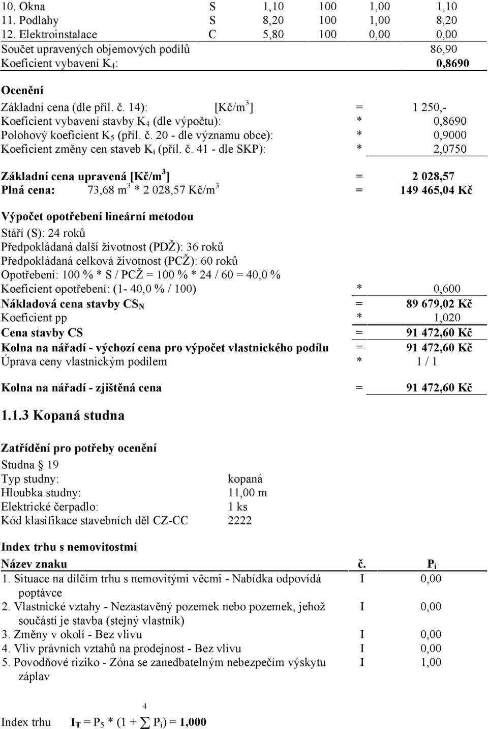 14): [Kč/m 3 ] = 1 250,- Koeficient vybavení stavby K 4 (dle výpočtu): * 0,8690 Polohový koeficient K 5 (příl. č.